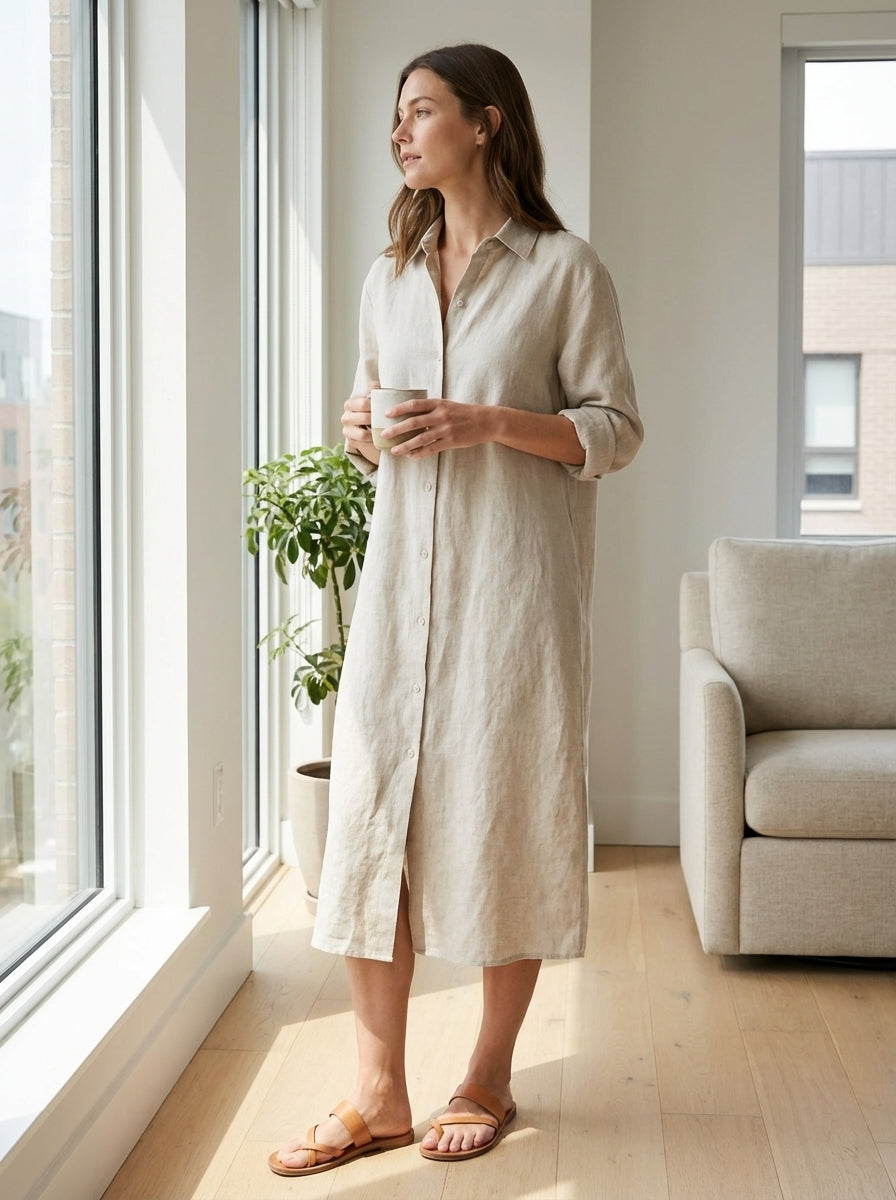 Women's Button Placket Long Shirt Dress