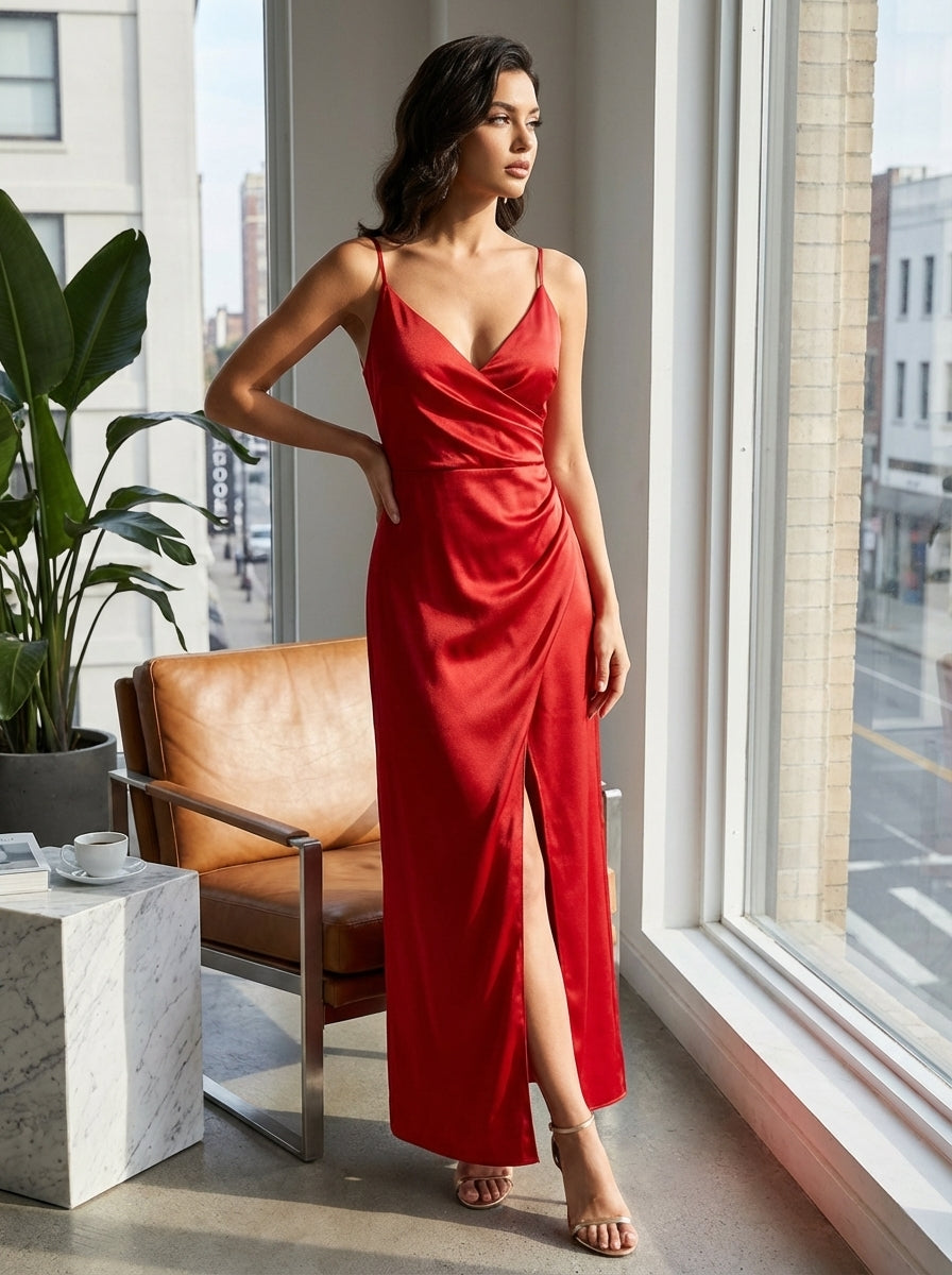 Women's Satin Maxi Dress with Wrap Design and Slit