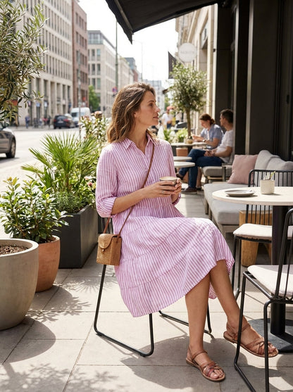 Women's Striped Shirt Dress with Button Placket