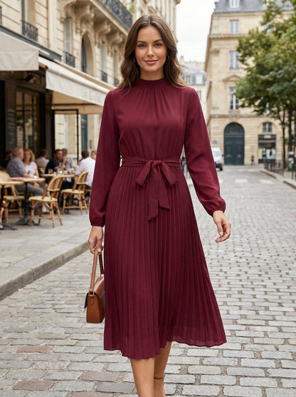 Pleated Midi Dress for Women with Long Sleeves and Belt