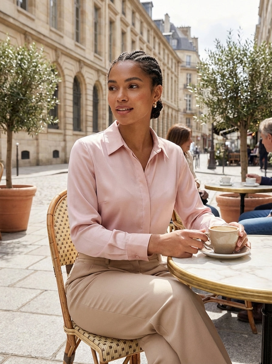 Women's Long Sleeve Collared Blouse with Button Placket