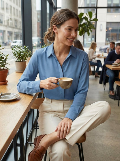Women's Long Sleeve Collared Blouse with Button Placket