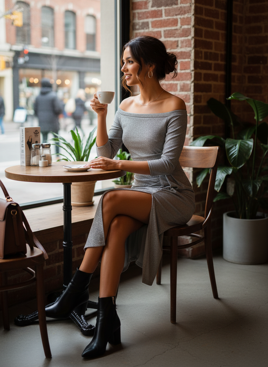 Women's Midi Dress with Boat Neck and Draping