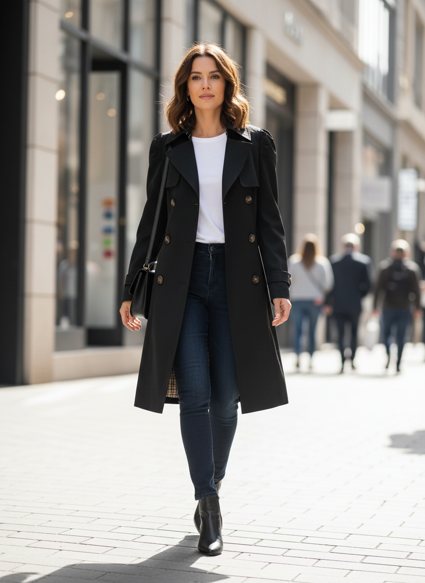 Women's Notched Collar Trench Coat with Button Placket
