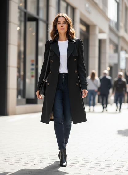 Women's Notched Collar Trench Coat with Button Placket