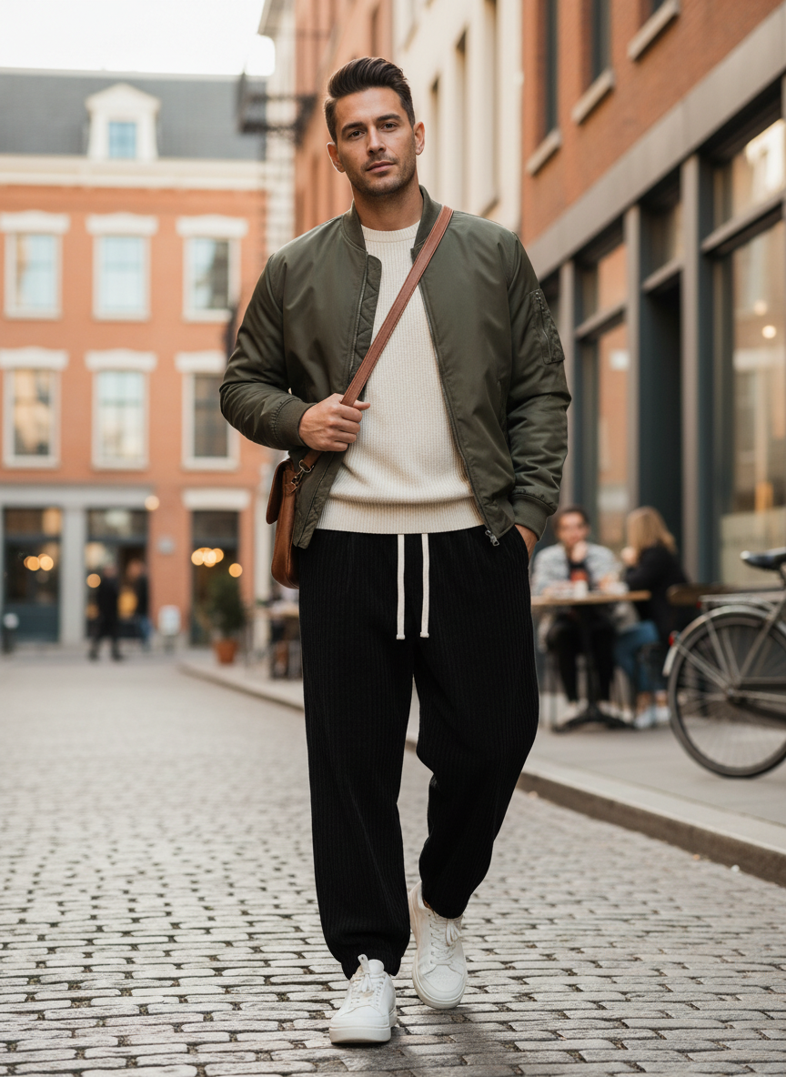 Men's Wide Leg Cord Trousers with Elastic Waistband