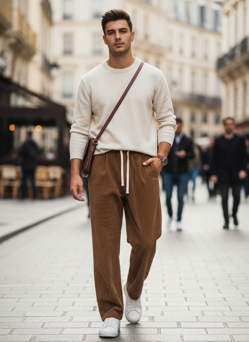 Men's Wide Leg Cord Trousers with Elastic Waistband