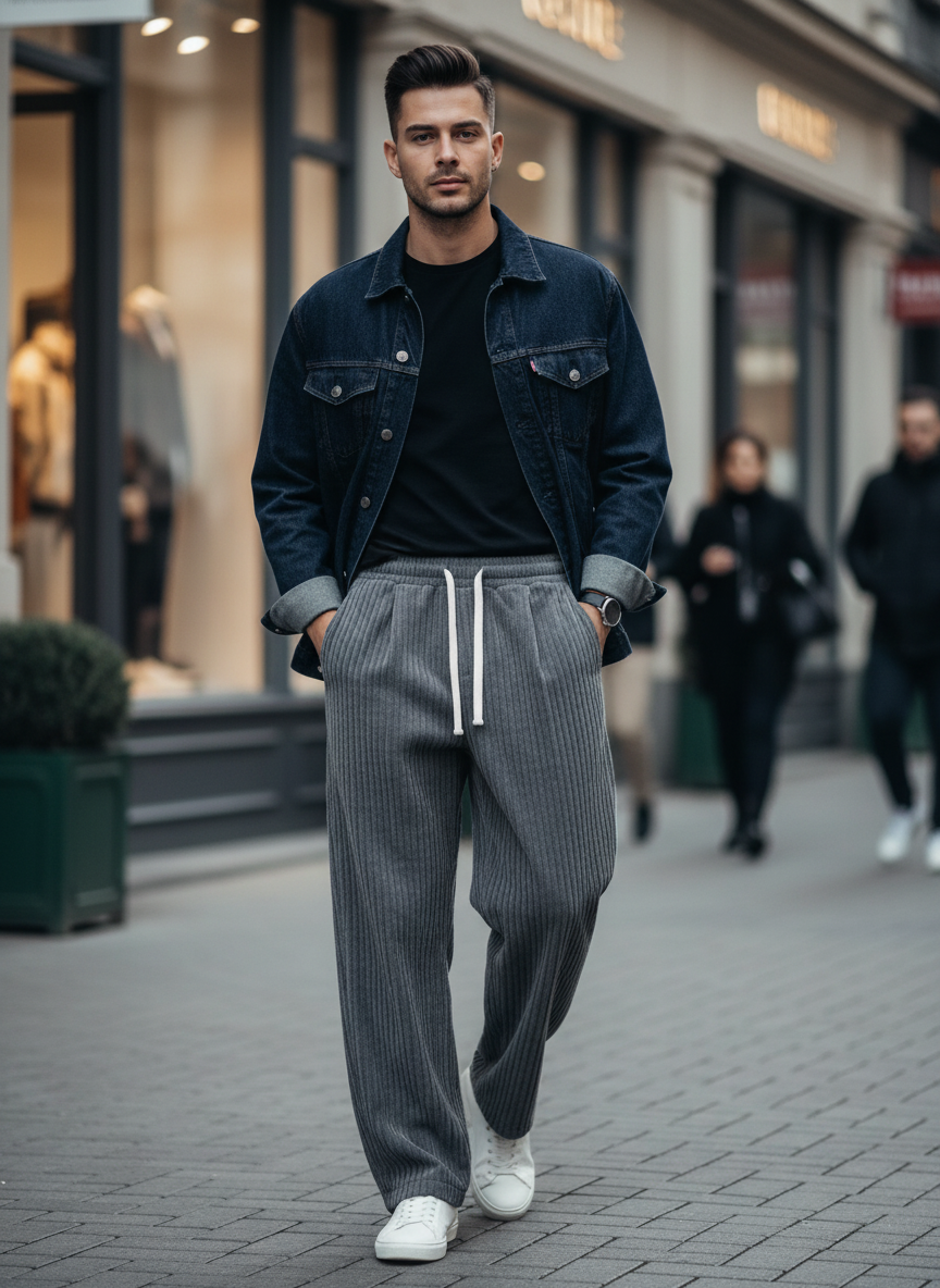 Men's Wide Leg Cord Trousers with Elastic Waistband