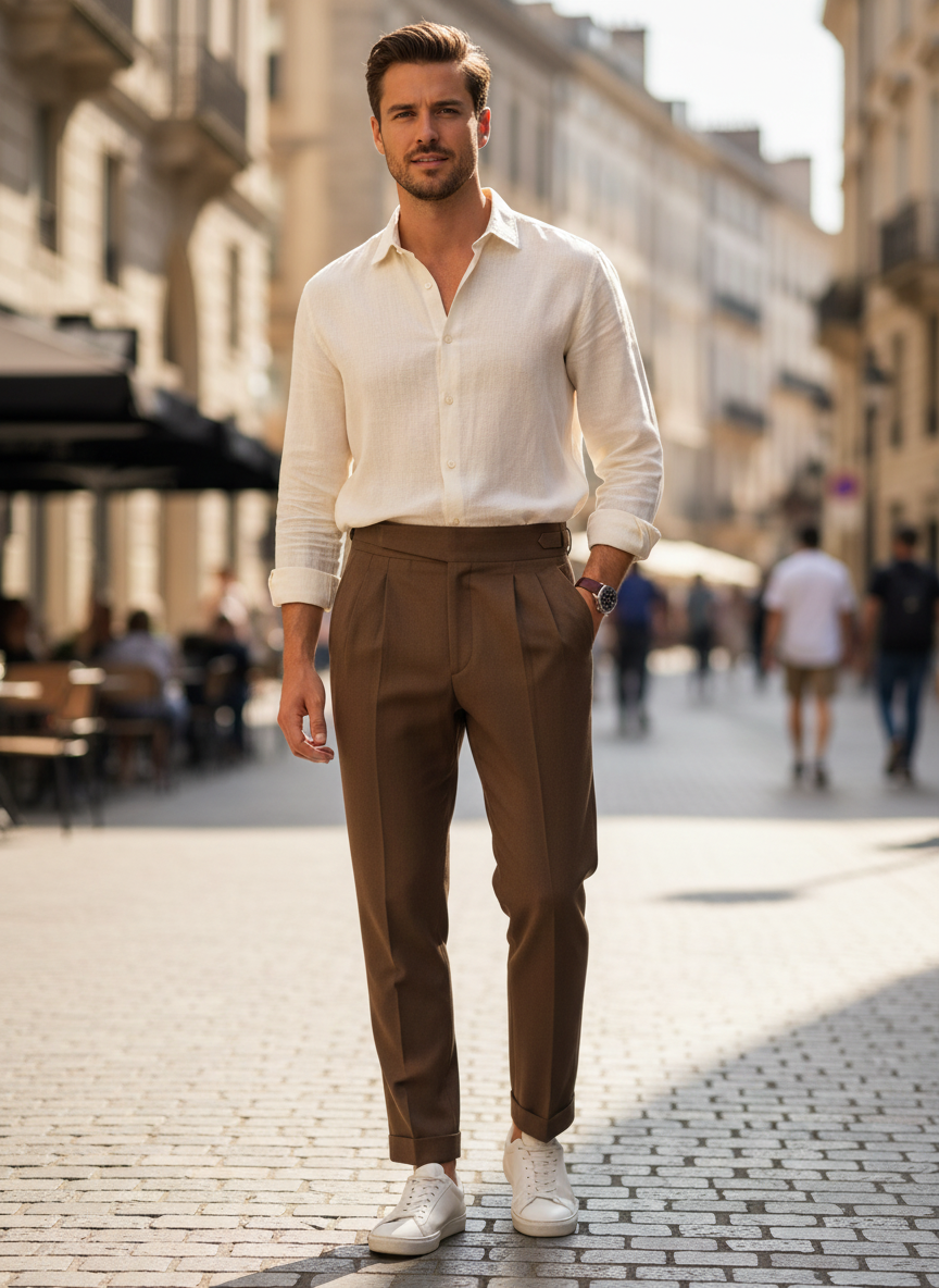 Men's High Waist Straight Cut Pleated Trousers