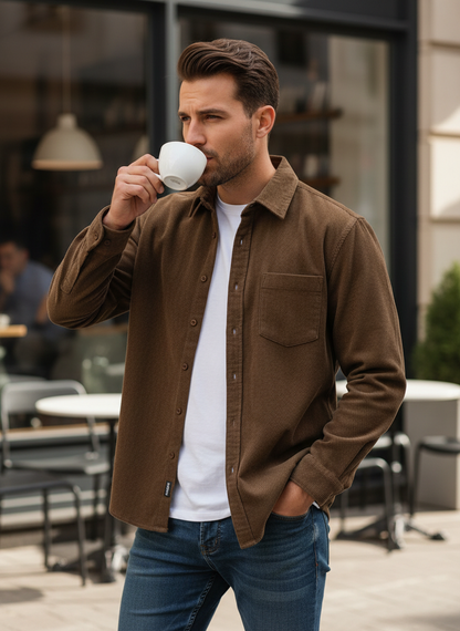 Men's Cord Shirt with Button Placket & Chest Pocket