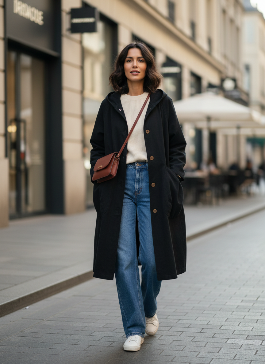 Women's Long Hooded Coat with Button Placket