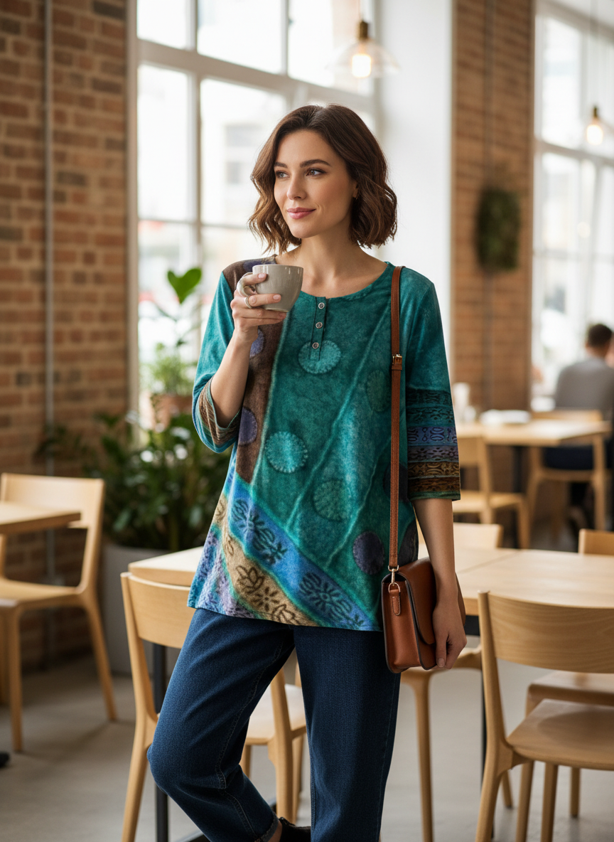 Women's 3/4 Sleeve Round Neck Blouse - Colorful Pattern