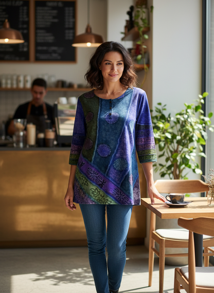 Women's 3/4 Sleeve Round Neck Blouse - Colorful Pattern