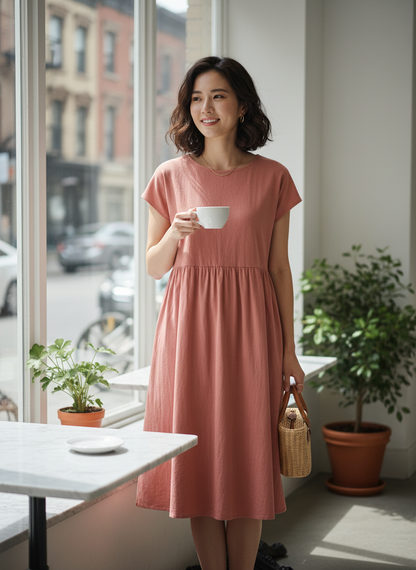 Short Sleeve Round Neck Midi Dress for Women