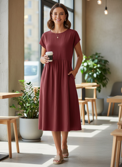 Short Sleeve Round Neck Midi Dress for Women