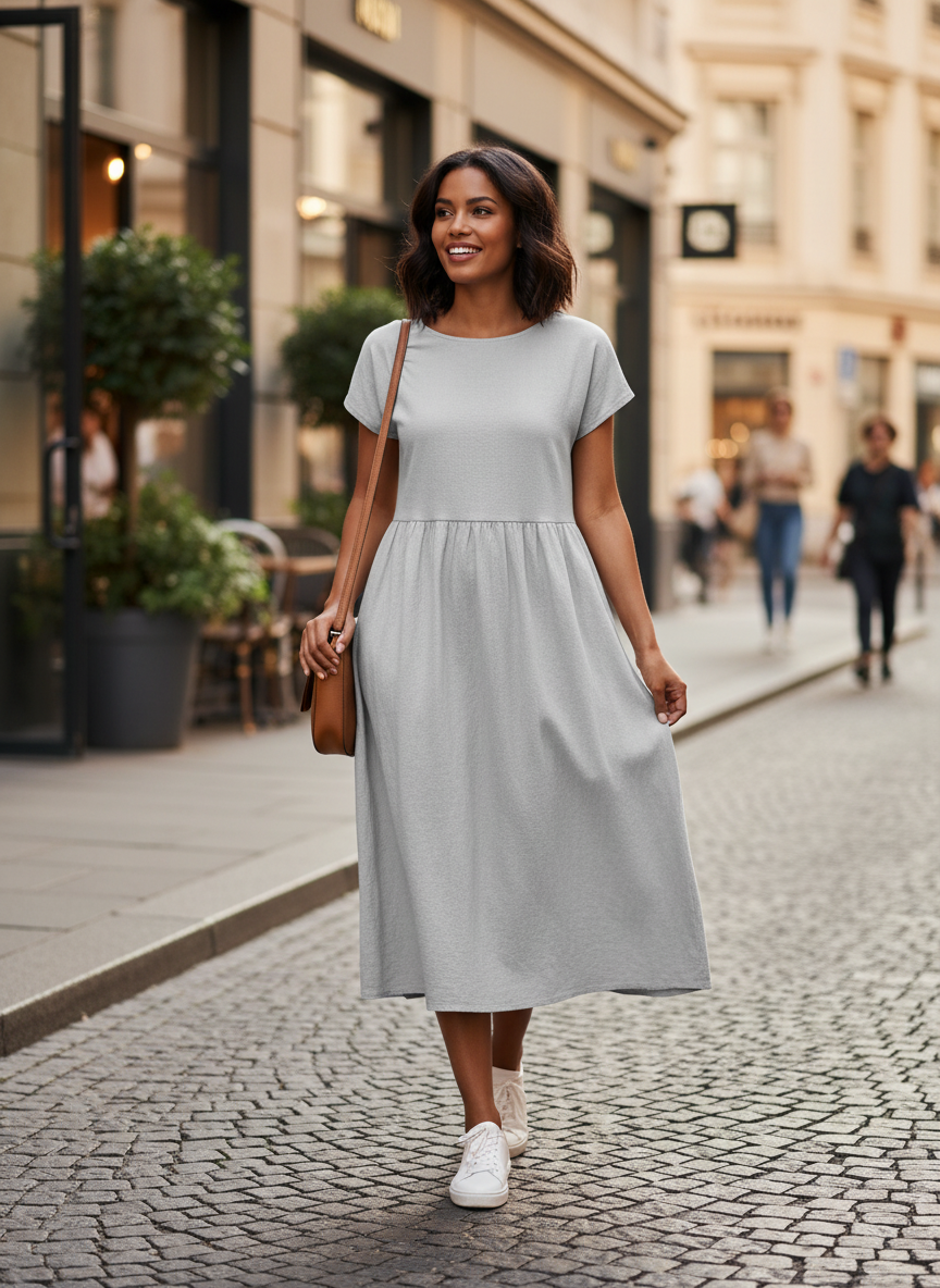 Short Sleeve Round Neck Midi Dress for Women
