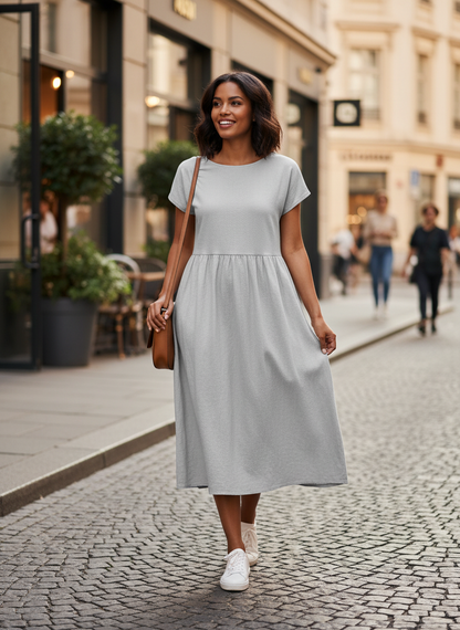 Short Sleeve Round Neck Midi Dress for Women