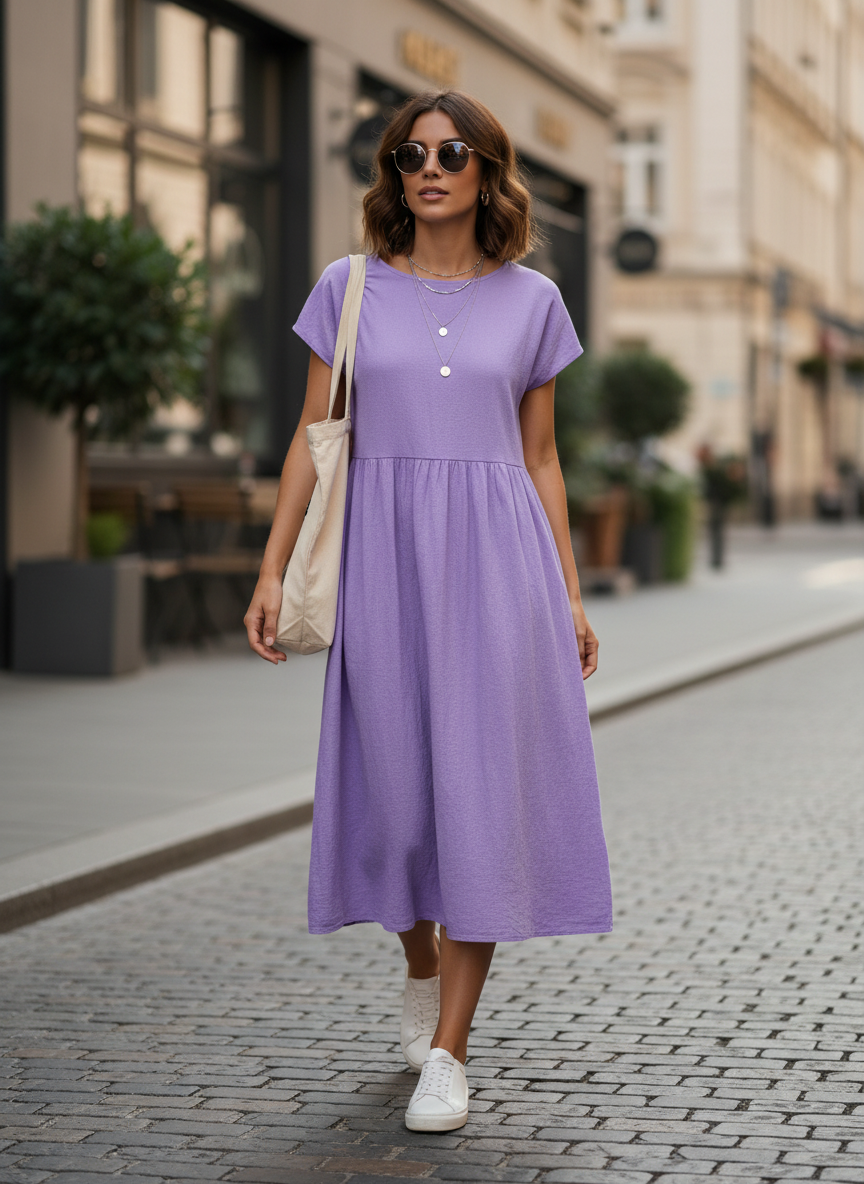 Short Sleeve Round Neck Midi Dress for Women