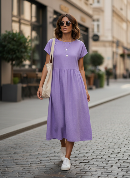 Short Sleeve Round Neck Midi Dress for Women