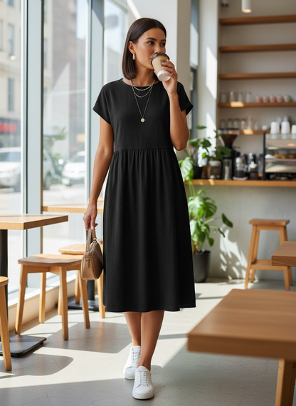 Short Sleeve Round Neck Midi Dress for Women