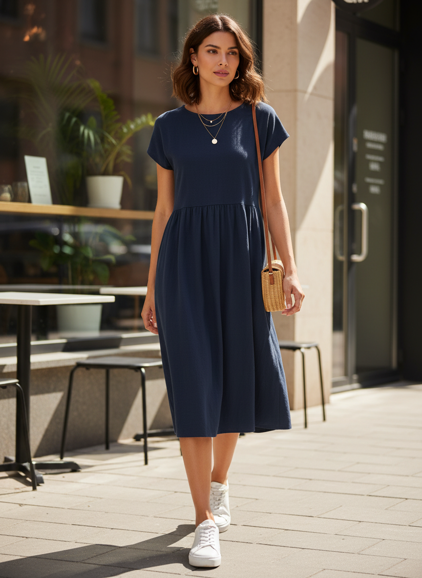Short Sleeve Round Neck Midi Dress for Women