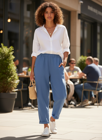 Women's Straight Leg Trousers with Elastic Waistband