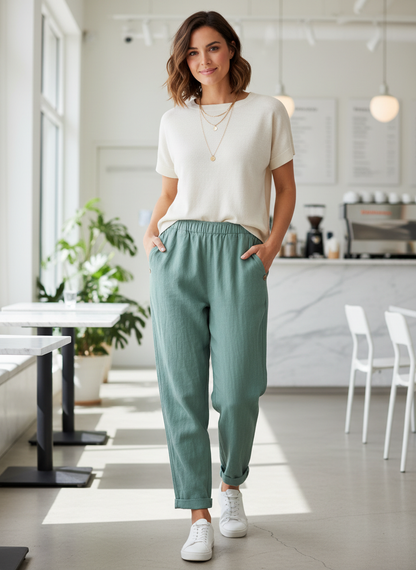 Women's Straight Leg Trousers with Elastic Waistband
