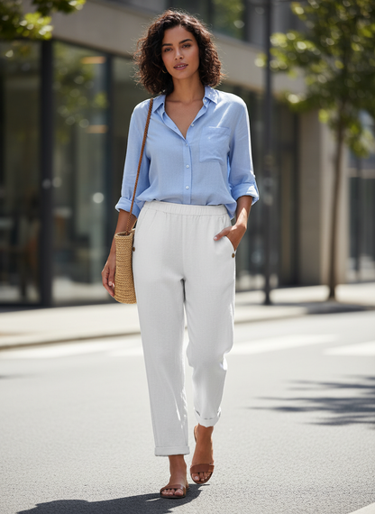Women's Straight Leg Trousers with Elastic Waistband