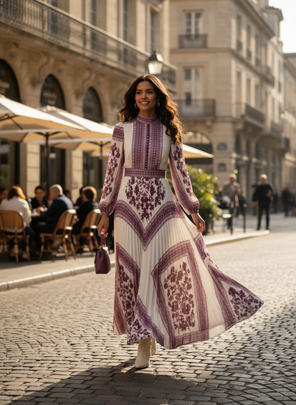 Women's Patterned Long Sleeve Maxi Dress with Stand-Up Collar