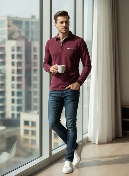 Men's Long Sleeve Polo Shirt with Collar & Chest Pocket