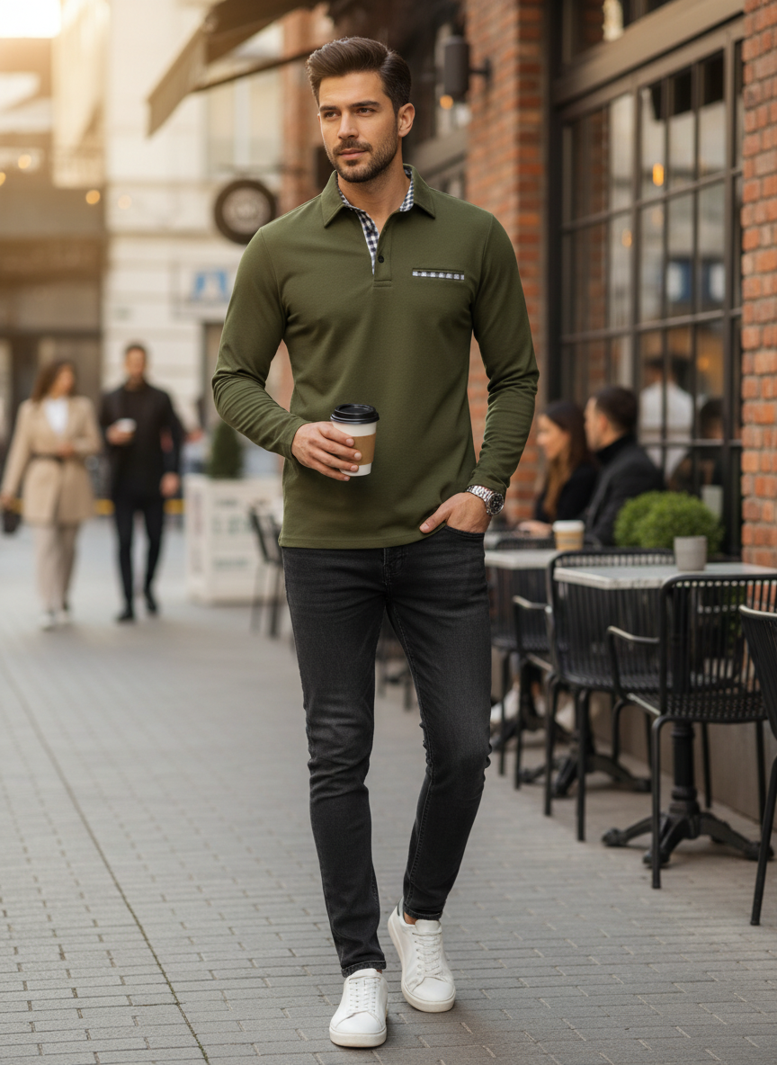 Men's Long Sleeve Polo Shirt with Collar & Chest Pocket