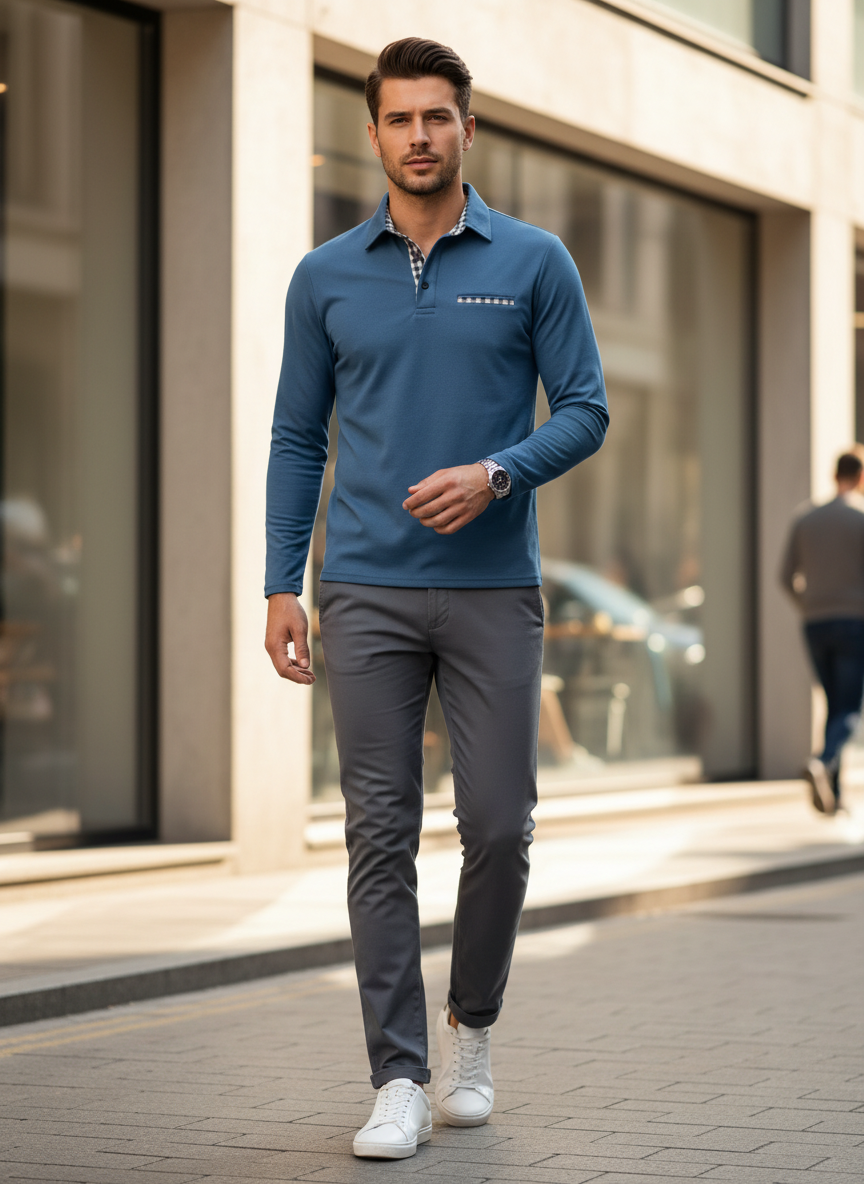 Men's Long Sleeve Polo Shirt with Collar & Chest Pocket