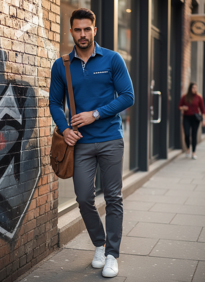 Men's Long Sleeve Polo Shirt with Collar & Chest Pocket