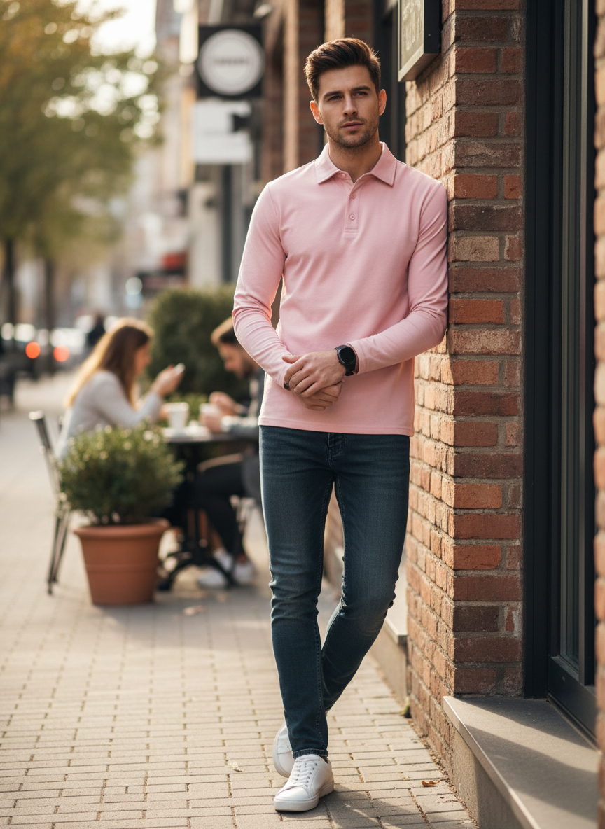 Men's Long Sleeve Polo Shirt with Buttons