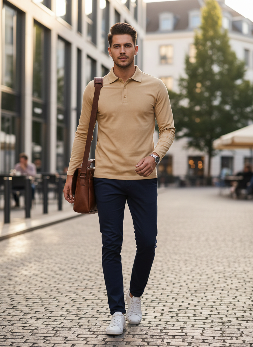 Men's Long Sleeve Polo Shirt with Buttons