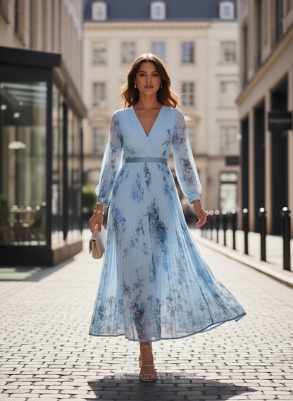 Women's V-Neck Midi Dress with Pleats