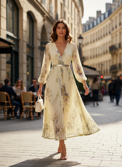 Women's V-Neck Midi Dress with Pleats