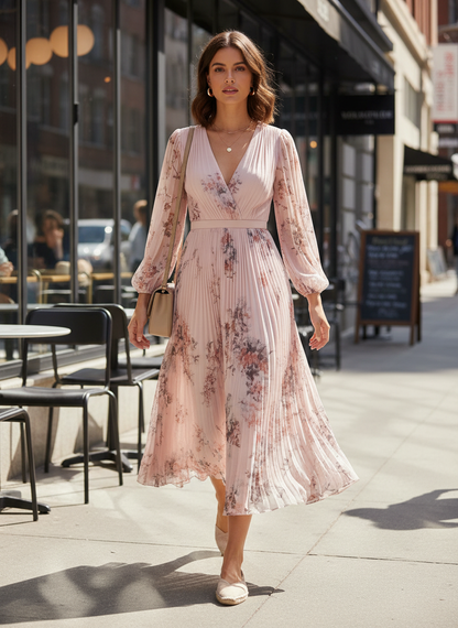 Women's V-Neck Midi Dress with Pleats