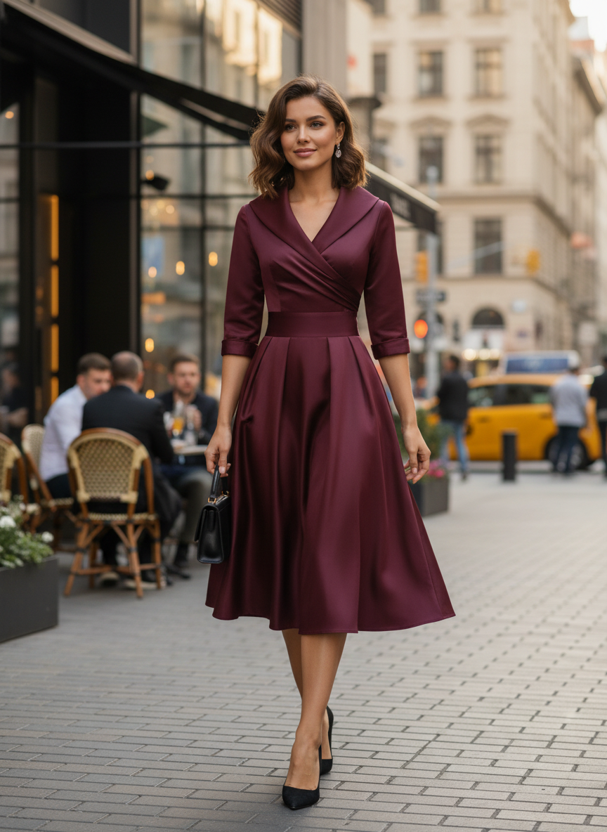 Women's A-Line Wrap Dress with 3/4 Sleeves