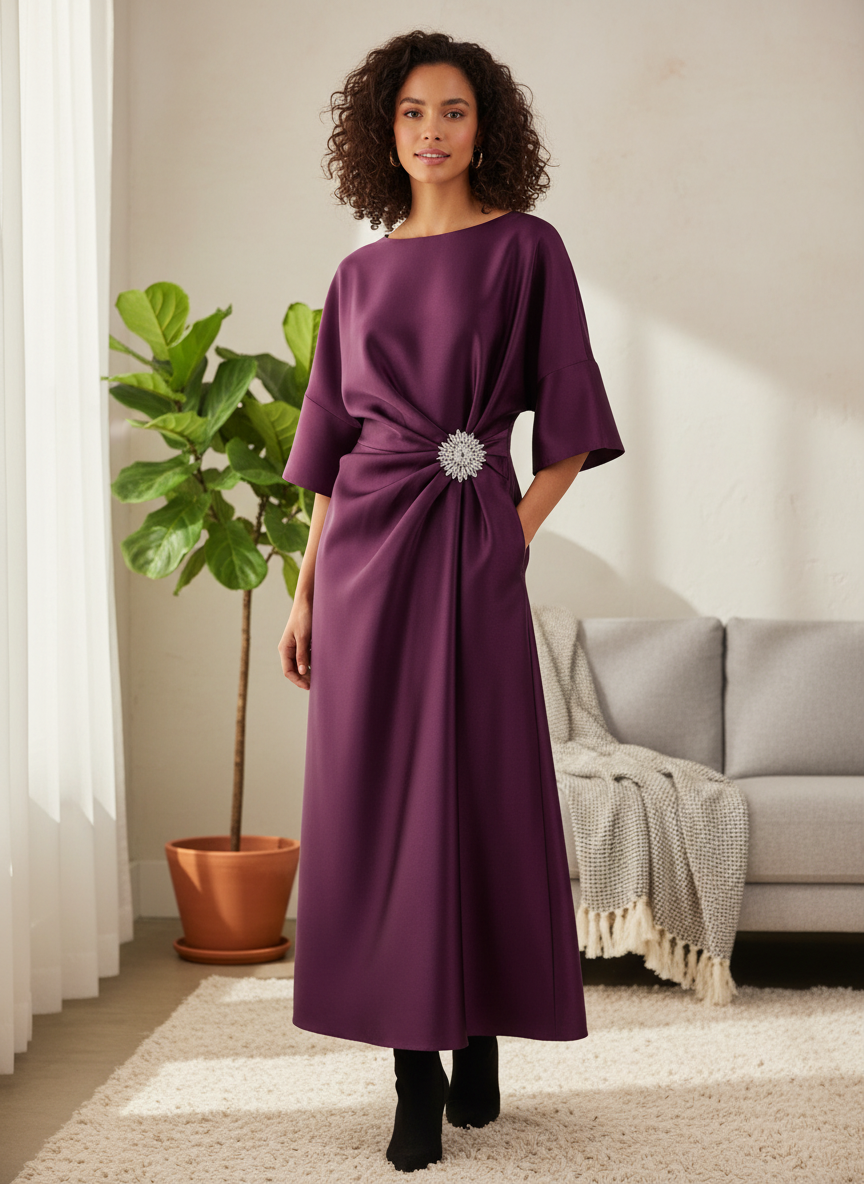 Women's Midi Satin Evening Dress with Draping and Brooch