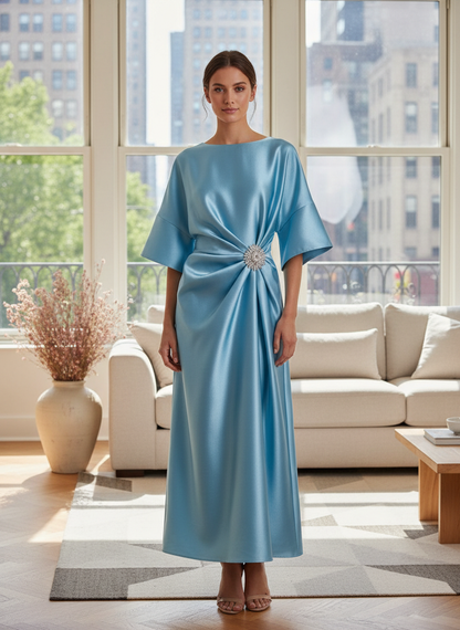 Women's Midi Satin Evening Dress with Draping and Brooch