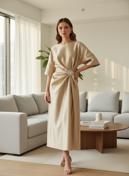 Women's Midi Satin Evening Dress with Draping and Brooch
