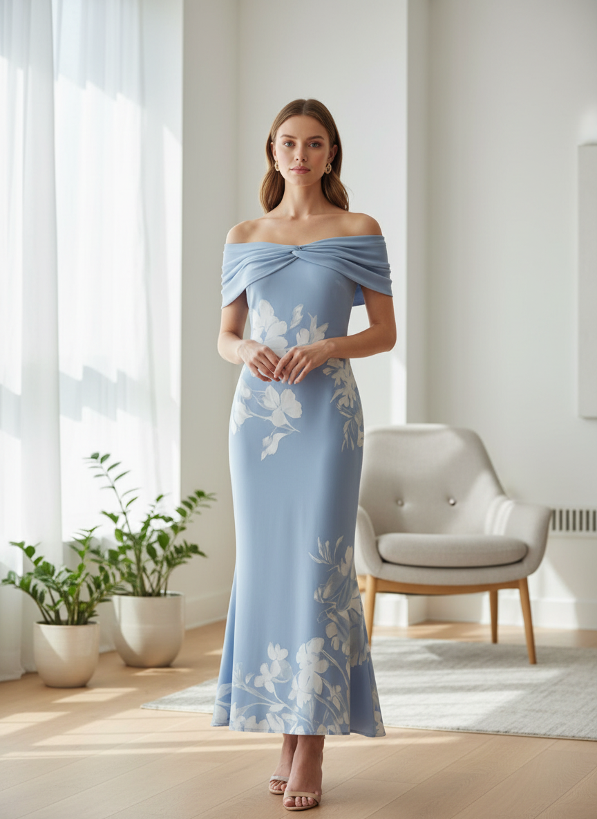 Women's Floral Print Off-Shoulder Maxi Dress – Figure-Hugging