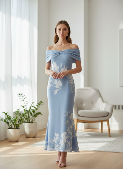 Women's Floral Print Off-Shoulder Maxi Dress – Figure-Hugging