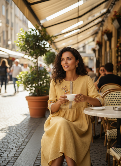 Women's Mustard Yellow Linen Midi Dress with Embroidery and 3/4 Sleeves