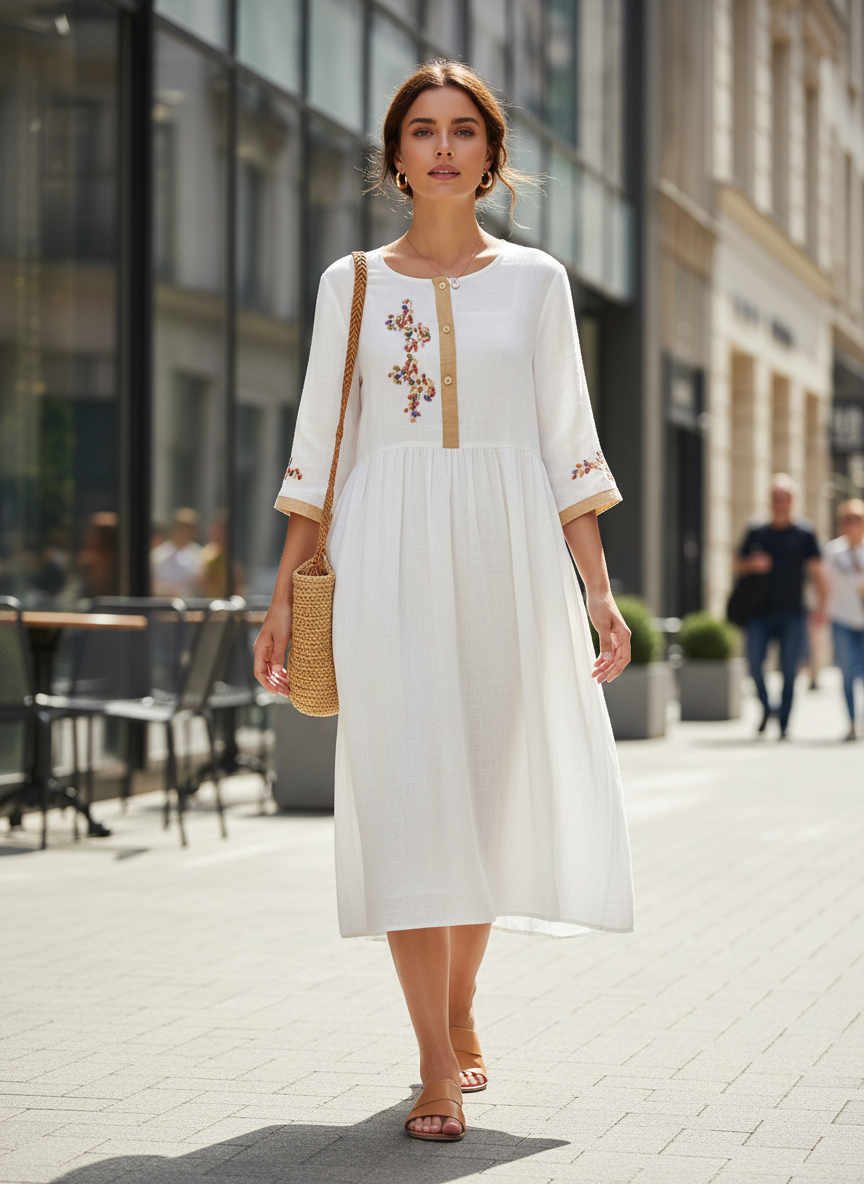 Women's Mustard Yellow Linen Midi Dress with Embroidery and 3/4 Sleeves