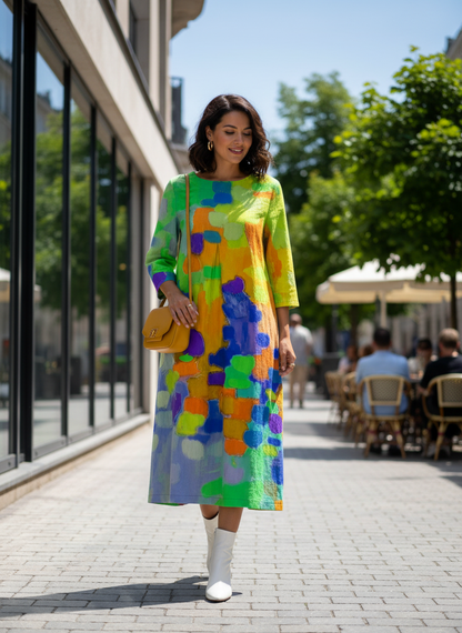 Women's Long Midi Dress with Pattern and Round Neck