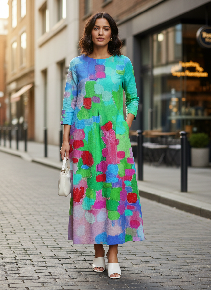 Women's Long Midi Dress with Pattern and Round Neck