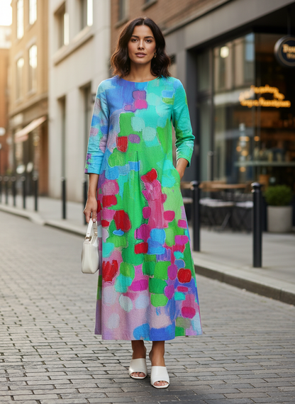 Women's Long Midi Dress with Pattern and Round Neck