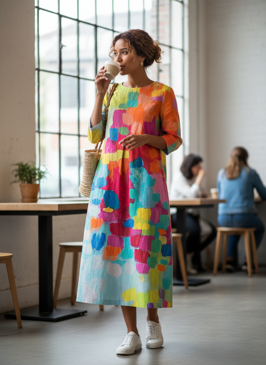 Women's Long Midi Dress with Pattern and Round Neck